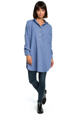 Tunika koszulowa mini oversize z długim rękawem zapinana niebieska B086