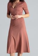 Elegancka sukienka midi rozkloszowana w kliny z wiskozy brązowa K478