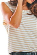 Luźna bluzka damska top z okrągłym dekoltem bez rękawów beżowa w paski M214
