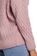 Sweter damski z kapturem i warkoczowym splotem różowy me540