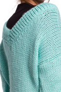 Sweter damski gruby ze ściągaczem i dekoltem V miętowy BK046