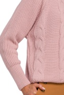 Sweter damski ze splotem warkoczowym okrągły dekolt różowy me554