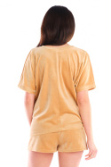 Koszulka damska top z weluru z krótkim rękawem dekolt V beżowa A416