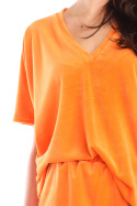 Koszulka damska top z weluru z krótkim rękawem dekolt V pomarańczowa A416