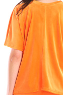 Koszulka damska top z weluru z krótkim rękawem dekolt V pomarańczowa A416