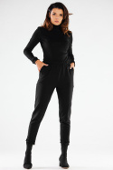 Bluzka damska z golfem prążkowana bawełniana długi rękaw czarna M283