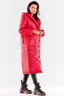 Długi płaszcz damski pikowany z kapturem zapinany na napy czerwony A542