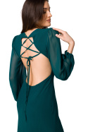 Sukienka szyfonowa maxi z odkrytymi plecami długi rękaw zielona K166
