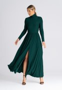 Sukienka maxi rozkloszowana dopasowana góra długi rękaw golf zielony M936
