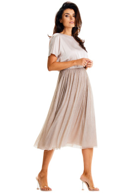 Sukienka midi z krótkim rękawem rozkloszowana gumka w pasie beżowa A627