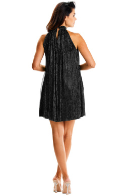 Sukienka mini z siatki bez rękawów elegancka ze stójką zwiewna czarna A623