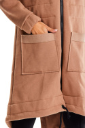 Bluza damska długa dresowa z kapturem rozpinana z kieszeniami beżowa M333