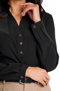 Koszula damska dopasowana na stójce dekolt V długi rękaw plisa czarna A649