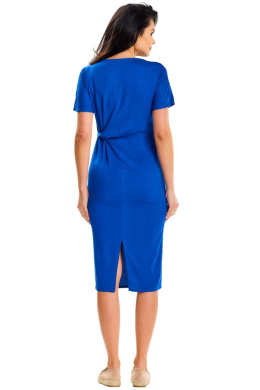 Sukienka midi dopasowana ołówkowa dekolt V krótki rękaw wiskoza niebieska A641