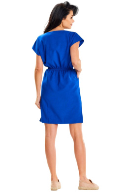 Sukienka mini prosta letnia z gumką w pasie krótki rękaw kieszenie niebieska A646