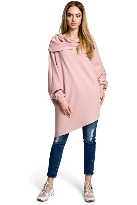 Bluza damska asymetryczna z długim rękawem i kołnierzem pudrowa me355 Bluza damska asymetryczna z długim rękawem i kołnierzem pudrowa me355