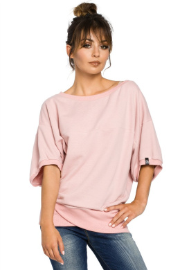 Bluza damska oversize z dzianiny z krótkim rękawem pudrowa B048