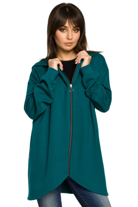 Długa bluza damska oversize rozpinana z kapturem zielona B054