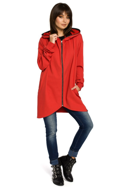 Długa bluza damska oversize rozpinana z kapturem czerwona B054 Długa bluza damska oversize rozpinana z kapturem czerwona B054