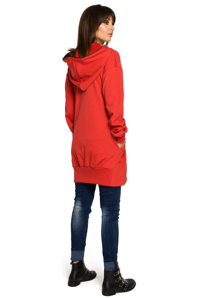 Długa bluza damska oversize rozpinana z kapturem czerwona B054