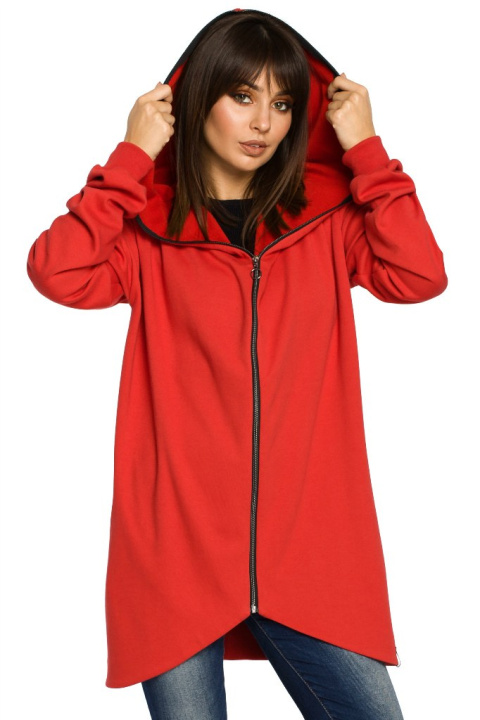 Długa bluza damska oversize rozpinana z kapturem czerwona B054 Długa bluza damska oversize rozpinana z kapturem czerwona B054