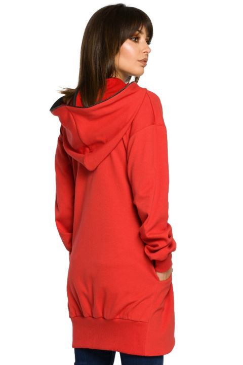 Długa bluza damska oversize rozpinana z kapturem czerwona B054 Długa bluza damska oversize rozpinana z kapturem czerwona B054