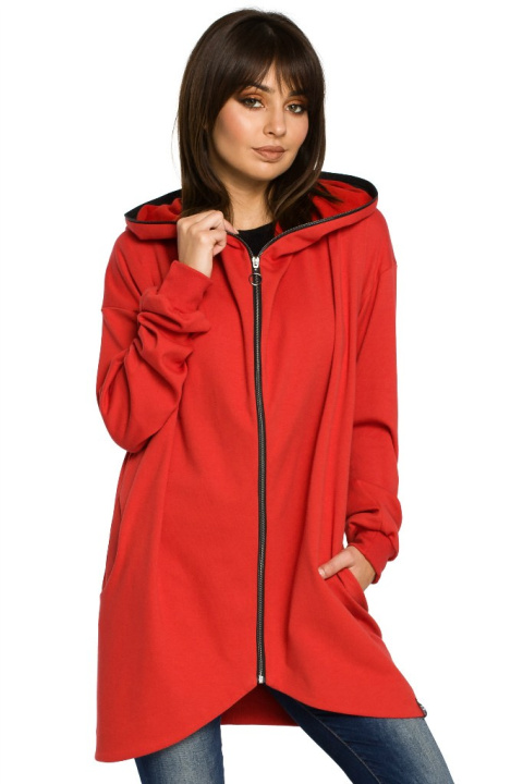 Długa bluza damska oversize rozpinana z kapturem czerwona B054 Długa bluza damska oversize rozpinana z kapturem czerwona B054