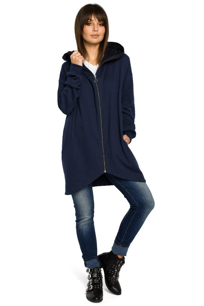 Długa bluza damska oversize rozpinana z kapturem granatowa B054 Długa bluza damska oversize rozpinana z kapturem granatowa B054