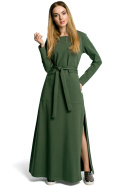 Sukienka dresowa maxi z długim rękawem wiązana w pasie zielona me354