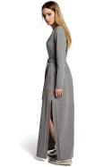 Sukienka dresowa maxi z długim rękawem wiązana w pasie szara me354