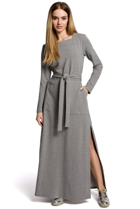 Sukienka dresowa maxi z długim rękawem wiązana w pasie szara me354