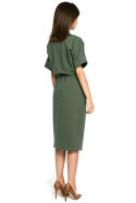 Sukienka midi z gumką i paskiem wiązana krótki rękaw zielona B062