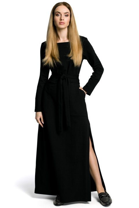 Sukienka dresowa maxi z długim rękawem wiązana w pasie czarna me354