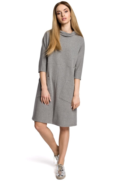 Sukienka dresowa midi oversize z kieszeniami rękaw 3/4 szara me353 Sukienka dresowa midi oversize z kieszeniami rękaw 3/4 szara me353