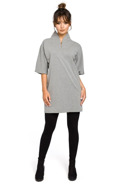 Tunika bawełniana mini kimono ze stójką krótki rękaw szara B043 Tunika bawełniana mini kimono ze stójką krótki rękaw szara B043