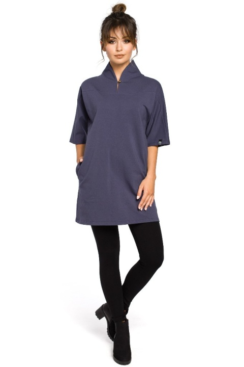Tunika bawełniana mini kimono ze stójką krótki rękaw niebieska B043 Tunika bawełniana mini kimono ze stójką krótki rękaw niebieska B043