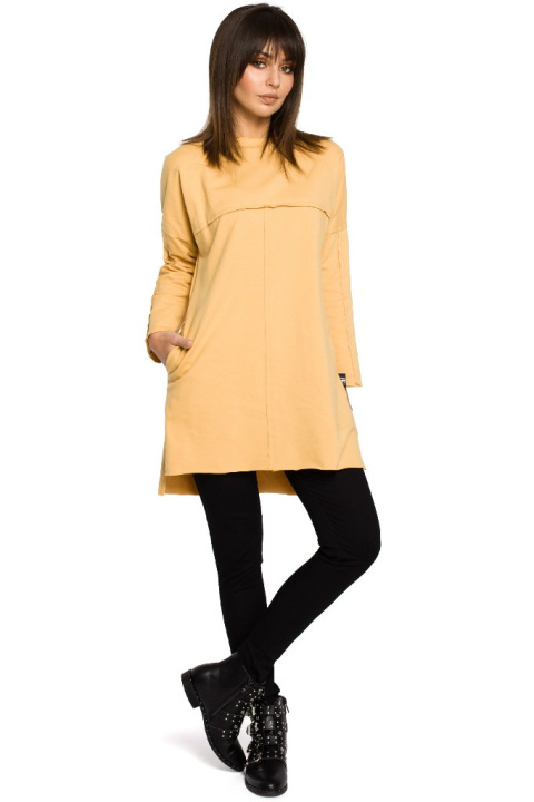 Prosta tunika dresowa mini oversize z długim rękawem żółta B059 Prosta tunika dresowa mini oversize z długim rękawem żółta B059