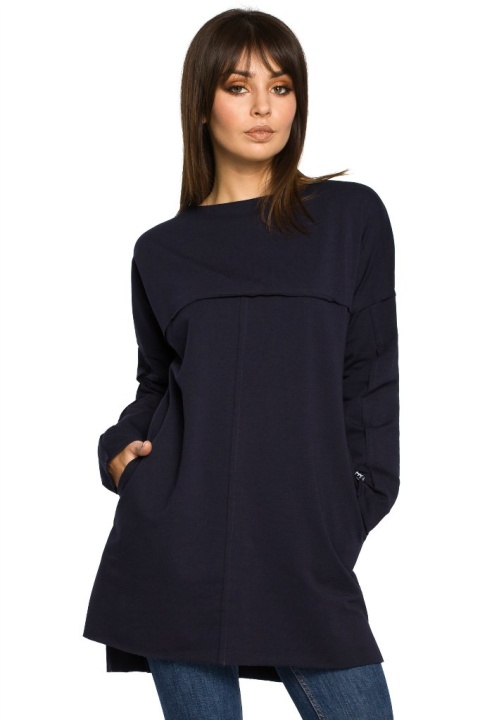 Prosta tunika dresowa mini oversize z długim rękawem granatowa B059 Prosta tunika dresowa mini oversize z długim rękawem granatowa B059