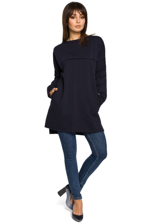 Prosta tunika dresowa mini oversize z długim rękawem granatowa B059 Prosta tunika dresowa mini oversize z długim rękawem granatowa B059