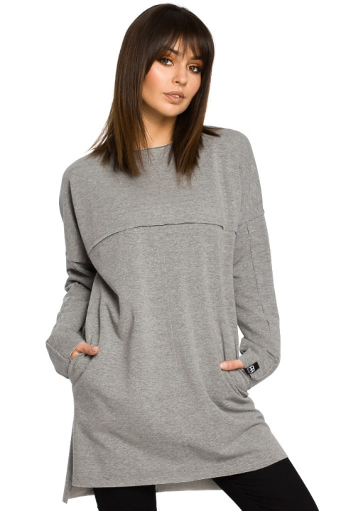 Prosta tunika dresowa mini oversize z długim rękawem szara B059 Prosta tunika dresowa mini oversize z długim rękawem szara B059