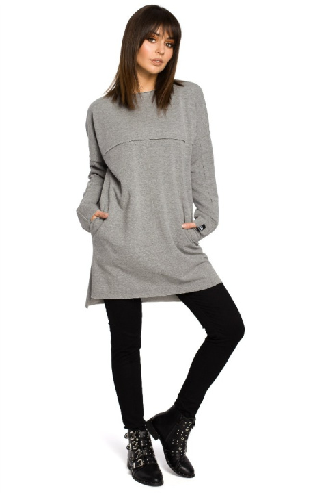 Prosta tunika dresowa mini oversize z długim rękawem szara B059 Prosta tunika dresowa mini oversize z długim rękawem szara B059