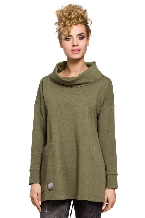 Bluza damska oversize z kominem i wiązaniem z tyłu khaki me260