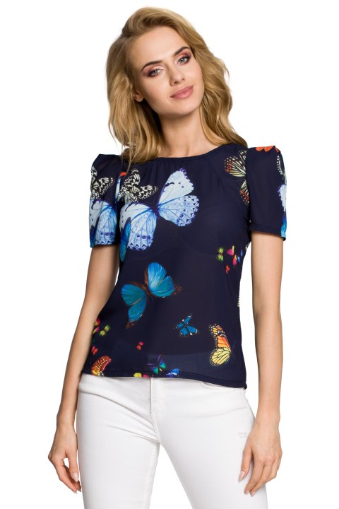 Bluzka damska w motyle granatowa me220 Bluzka damska w motyle granatowa me220