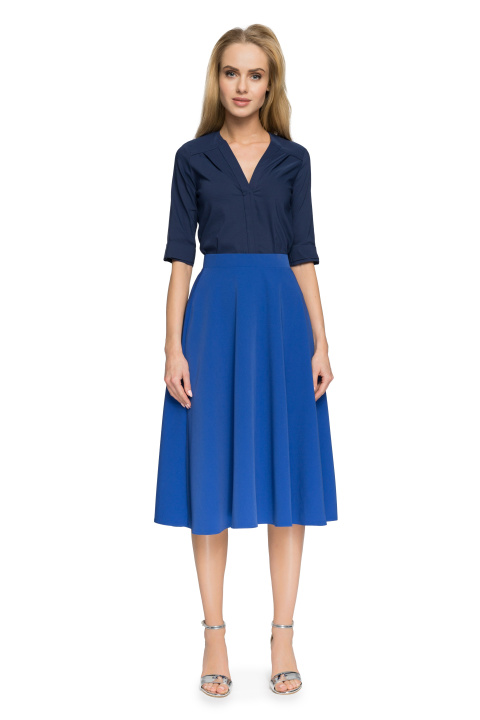 Elegancka spódnica rozkloszowana midi z kontrafałdami chabrowa S006 Elegancka spódnica rozkloszowana midi z kontrafałdami chabrowa S006
