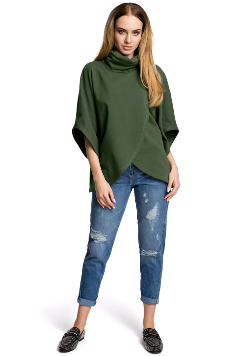 Bluza damska na zakładkę z golfem i krótkim rękawem zielona me372 Bluza damska na zakładkę z golfem i krótkim rękawem zielona me372