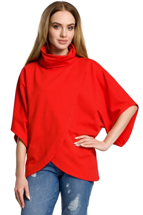 Bluza damska na zakładkę z golfem i krótkim rękawem czerwona me372 Bluza damska na zakładkę z golfem i krótkim rękawem czerwona me372