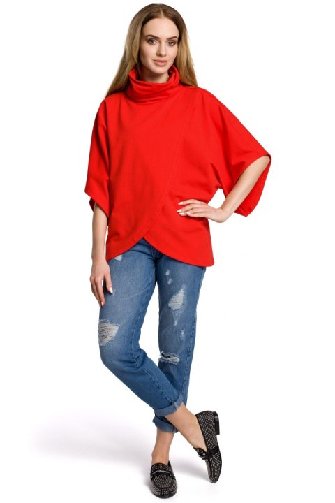 Bluza damska na zakładkę z golfem i krótkim rękawem czerwona me372 Bluza damska na zakładkę z golfem i krótkim rękawem czerwona me372