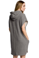 Bawełniana sukienka midi luźna bez rękawów z kapturem szara me368