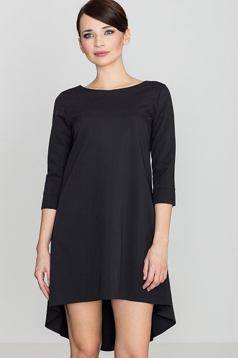 Elegancka sukienka asymetryczna z plisą i rękawem 3/4 czarna K141 Elegancka sukienka asymetryczna z plisą i rękawem 3/4 czarna K141