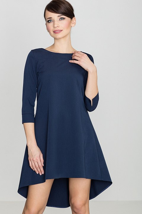 Elegancka sukienka asymetryczna z plisą i rękawem 3/4 granatowa K141 Elegancka sukienka asymetryczna z plisą i rękawem 3/4 granatowa K141